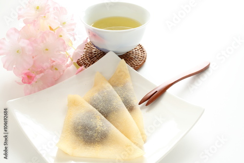 Japanese food, Yatsuhashi red bean paste in Mochi and tea