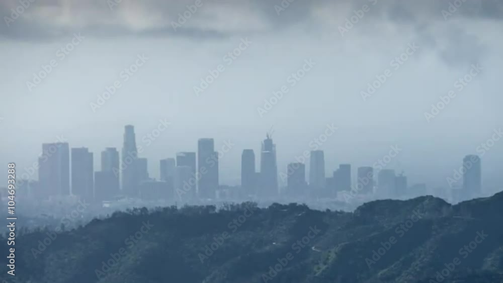 Los Angeles downtown skyline storm clouds time lapse. Los Angeles downtown skyline storm clouds time lapse.
