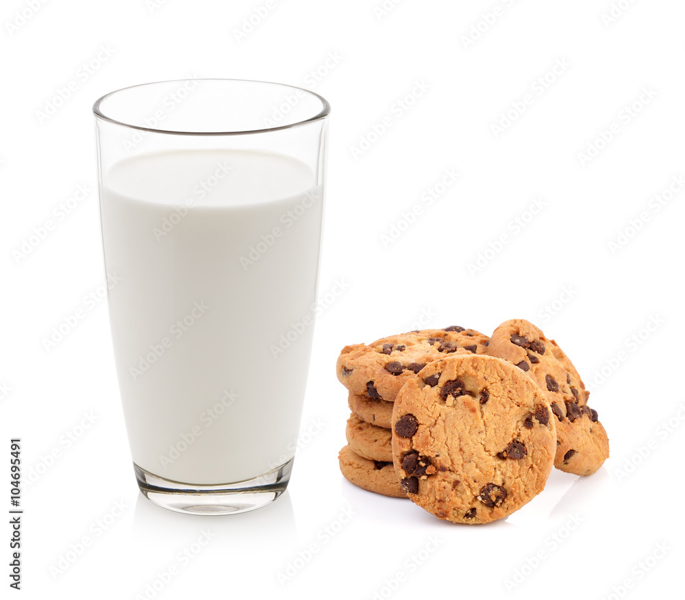Glass of milk and cookies isolated on white Glass of milk and cookies isolated on white