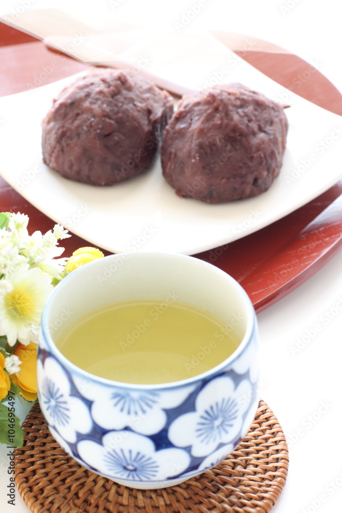 Japanese confection, Ohagi and green tea Japanese confection, Ohagi and green tea