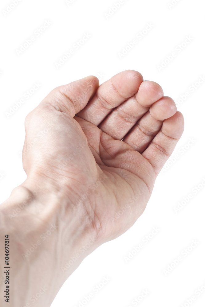 One hand with request isolated on white One hand with request isolated on white