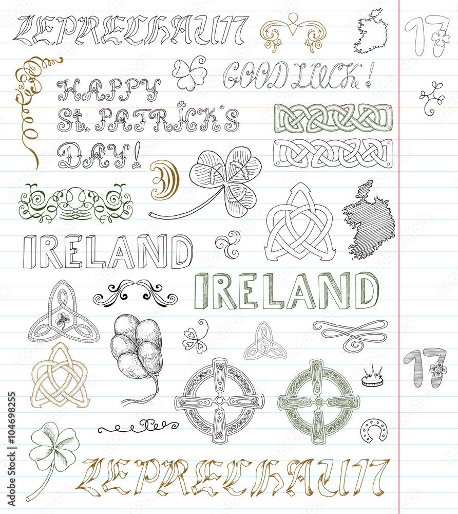 Doodle set with hand drawn patricks day text and celtic patterns Doodle set with hand drawn patricks day text and celtic patterns