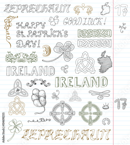 Doodle set with hand drawn patricks day text and celtic patterns