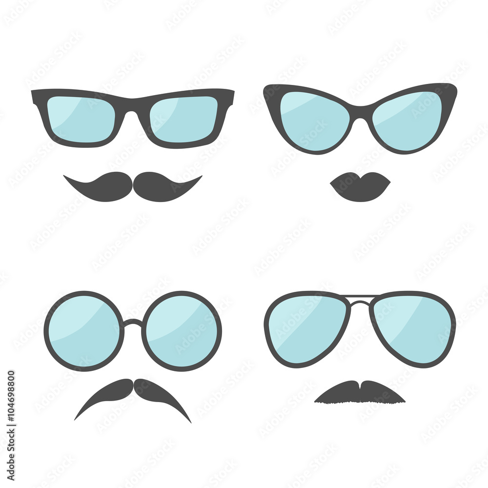 Glasses and mustache lips moustaches face icon set. Isolated White background. Flat design Glasses and mustache lips moustaches face icon set. Isolated White background. Flat design