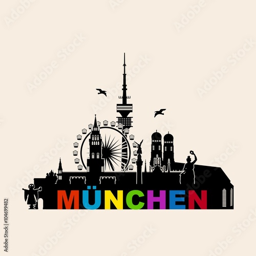 München - Umriss Stadtskyline Silhouette Sehenswürdigkeiten bunt