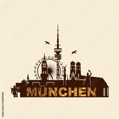 München Silhouette Sehenswürdigkeiten - Liebfrauenkirche Stachus Bavaria Fernsehturm Riesenrad Oktoberfest - Skyline Vektor Grafik