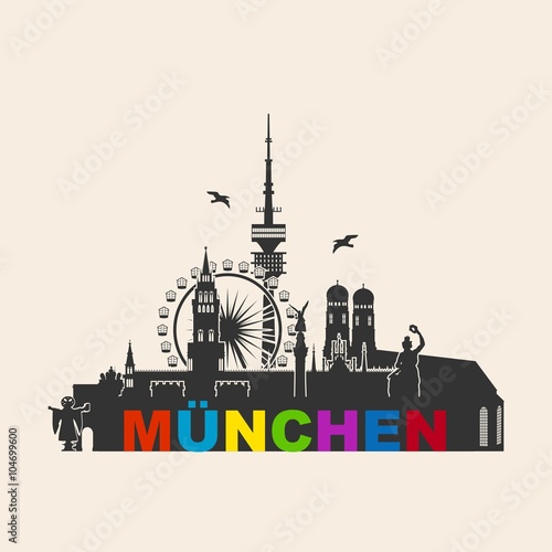 München Silhouette Sehenswürdigkeiten - Liebfrauenkirche Stachus Bavaria Fernsehturm Riesenrad Oktoberfest - Skyline Vektor Grafik
