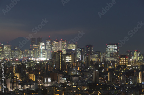 東京都市風景 新宿高層ビル群とシルエットの富士山 夜景