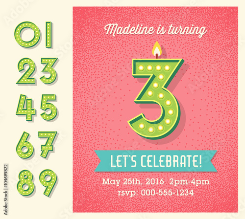 Birthday card invitation design with set of lighted retro numbers. easy to edit.