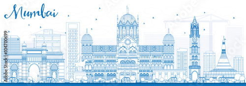Outline Mumbai Skyline with Blue Landmarks.