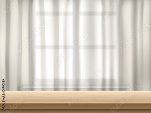Wooden table surface illuminated by the sun rays on a background transparent curtain and window. Realistic vector background interior.