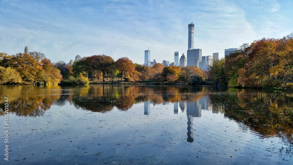 Central Park fall landscape reflection in New York City