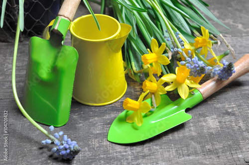 set de jardinage parmi fleurs de printemps