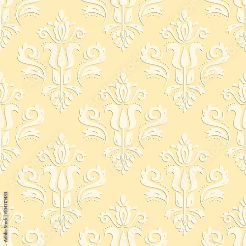 Seamless oriental yellow and white ornament. Fine traditional oriental pattern with 3D elements  shadows and highlights