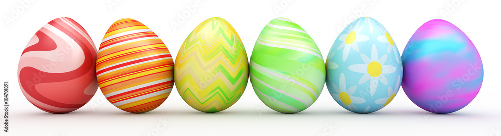 Line of colorful Easter eggs isolated on white
