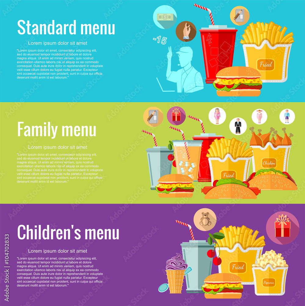 Flat design concepts for fast food. standart menu family menu children's menu. Concepts for web banners and promotional materials