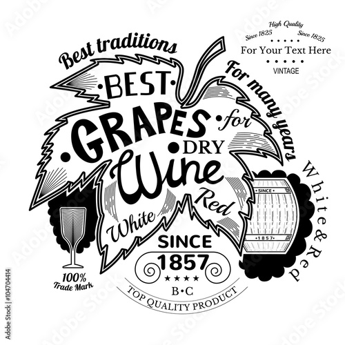 barrel and wineglass near grapes leaf with lettering best grapes wine. Wine label on white