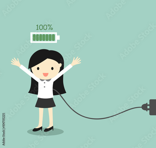 Business concept, Business woman with full battery. Vector illustration.