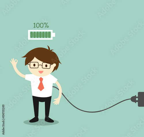 Business concept, Businessman with full battery. Vector illustration.