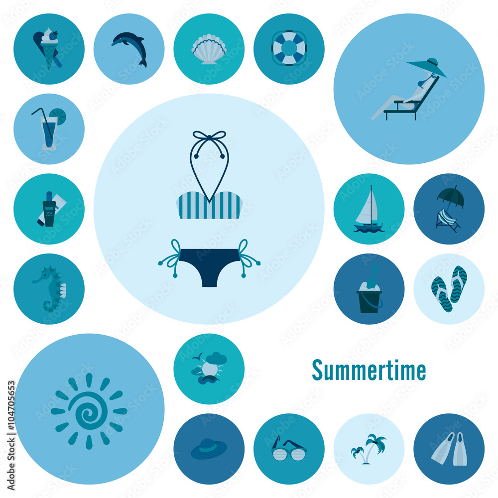 Fototapeta premium Summer and Beach Simple Flat Icons