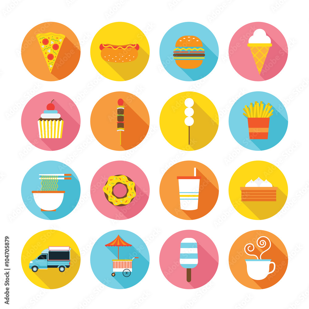 Fast Food Flat Icons Set, Street Food and Drink Vector Fast Food Flat Icons Set, Street Food and Drink Vector