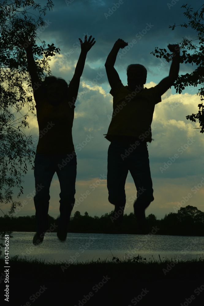 Silhouette of an elderly couple Silhouette of an elderly couple