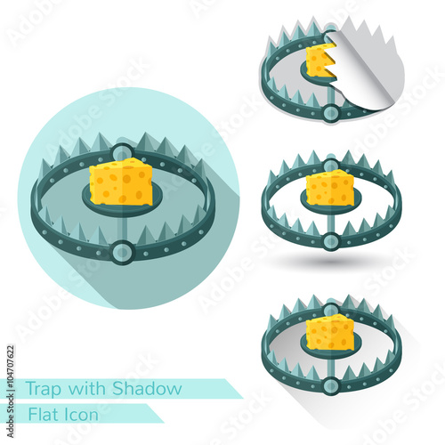 flat icon trap with piece of cheese isolated on white with oval long shadow and folded corner