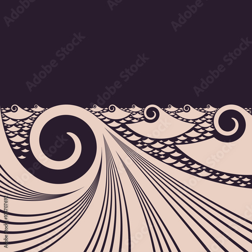 Japanese style ocean dark night, a stylized ocean waves illustration with a fractal like repetition of the same curl pattern.