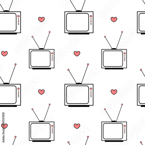 black white pink vintage retro cartoon television seamless vector pattern background illustration with hearts