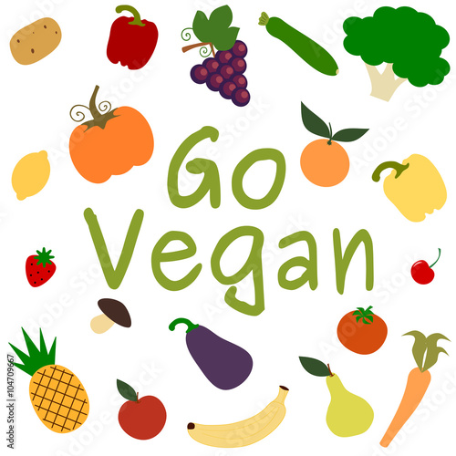 go vegan vector card background illustration with fruits and vegetables