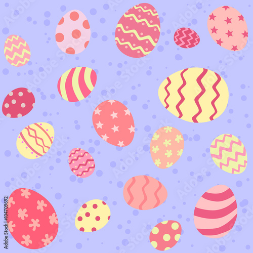 Seamless pattern with pink theme color easter eggs in blue spotted background.