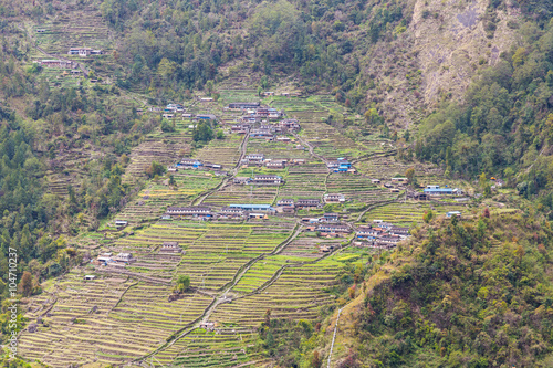 Overview of Chomrong village  Nepal with terrace farming playing an important activity for local
