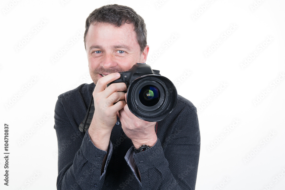 Happy man with camera. Isolated over white background. Happy man with camera. Isolated over white background.