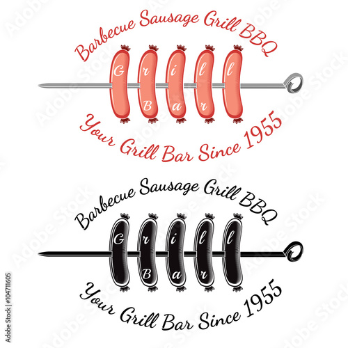 Roasting sausages on spit with text grill bar