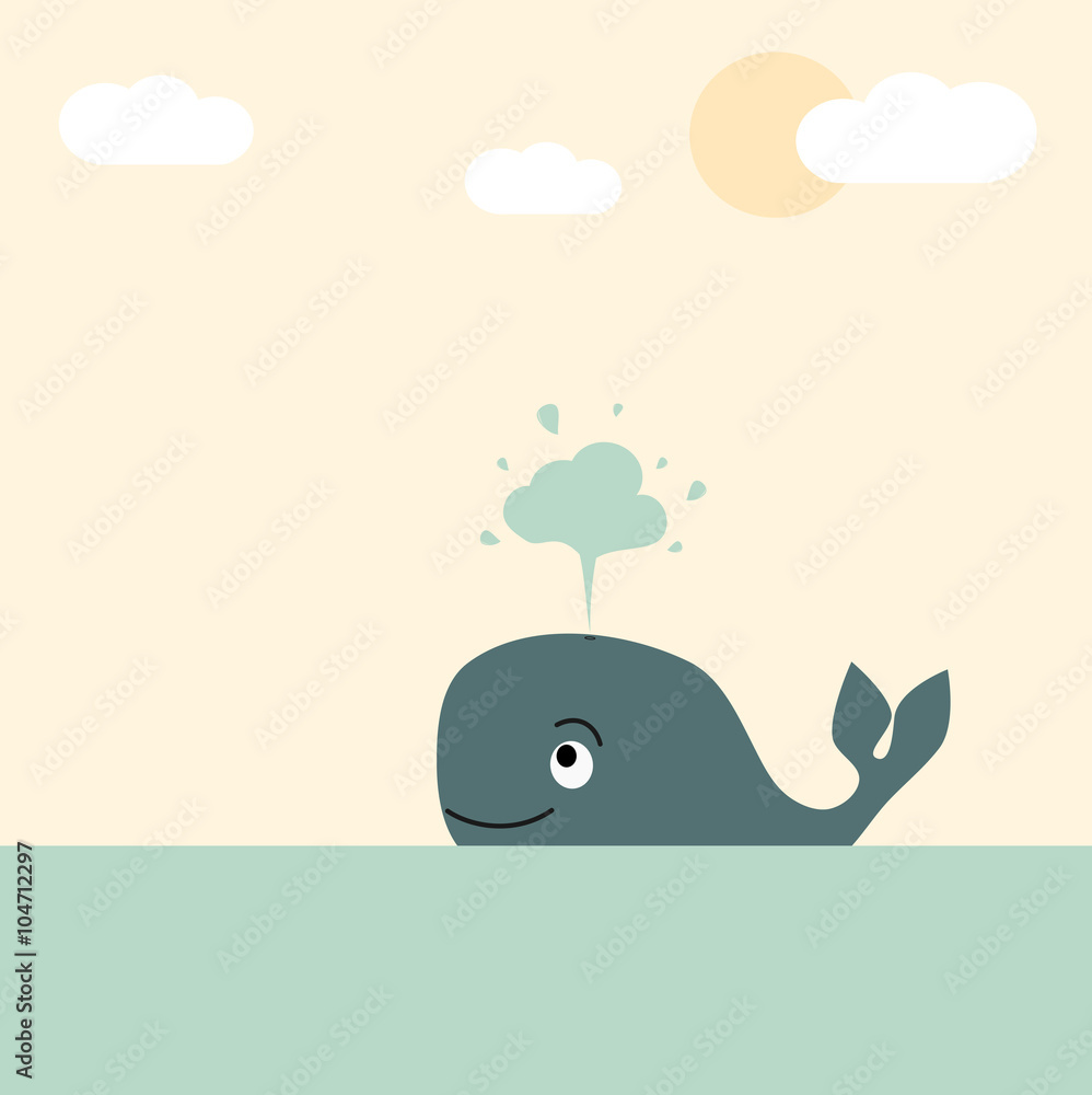 Naklejka premium cute lovely cartoon whale in the sea vector pastel illustration for greeting card