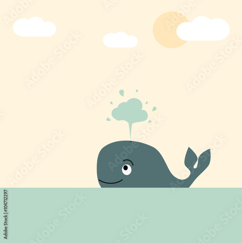 cute lovely cartoon whale in the sea vector pastel illustration for greeting card
