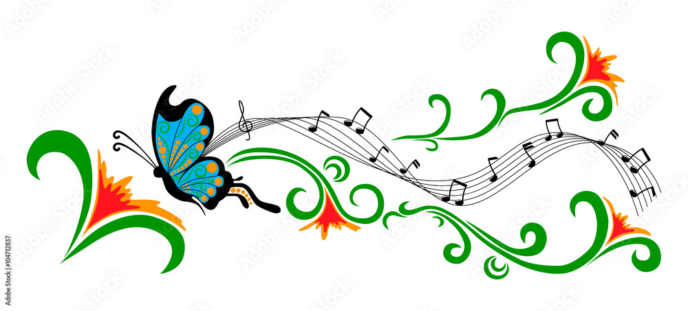 Blue butterfly and red flowers with musical notes