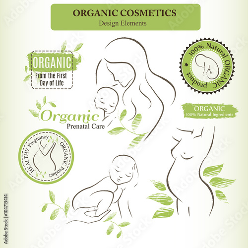 Organic Cosmetics Design elements with contoured pregnant women and newborn babies