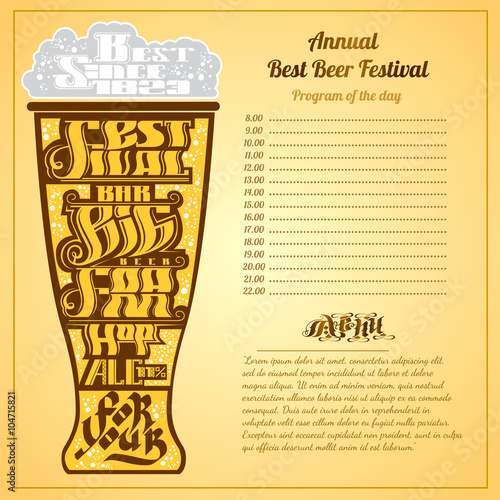 menu color background. Best festival big bar beer foam lettering on silhouette of glass