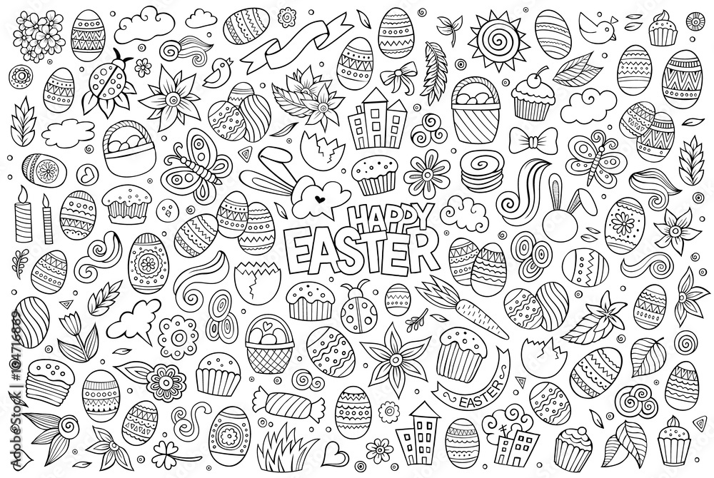 Sketchy vector hand drawn doodles cartoon set of Easter objects Sketchy vector hand drawn doodles cartoon set of Easter objects