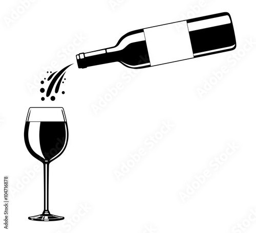 Weinflasche füllt Wein in ein Weinglas / schwarz-weiß, Vektor, freigestellt