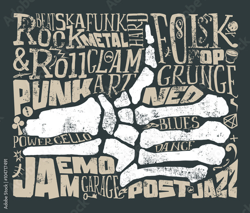 Print for T-shirt. Rock music. Grunge. Vector illustration. Hand lettering. 