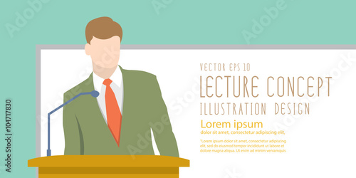 Lecturer giving lecture or presentation. Standing in front of wh