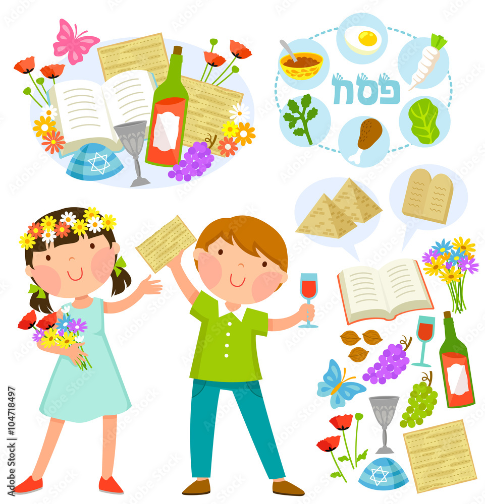 Naklejka premium set of Passover illustrations with kids and related symbols