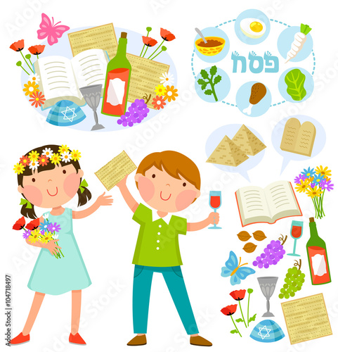 set of Passover illustrations with kids and related symbols