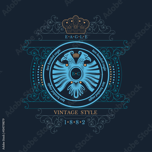 two head eagle with frame from lines pattern. Royal monogram luxury style