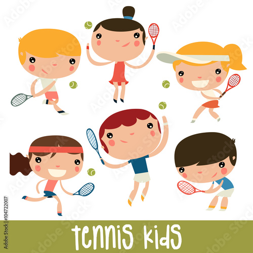 tennis kids set. cute flat vector characters.