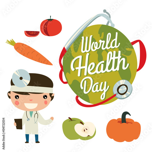 Health day cute set. Doctor, earth and fruits.