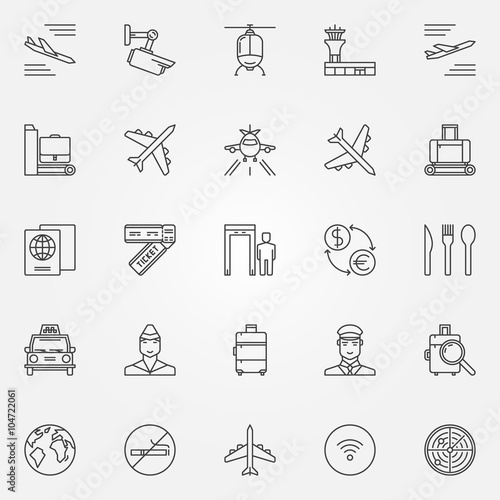 Airport icons set - vector thin line air travel symbols. Airport