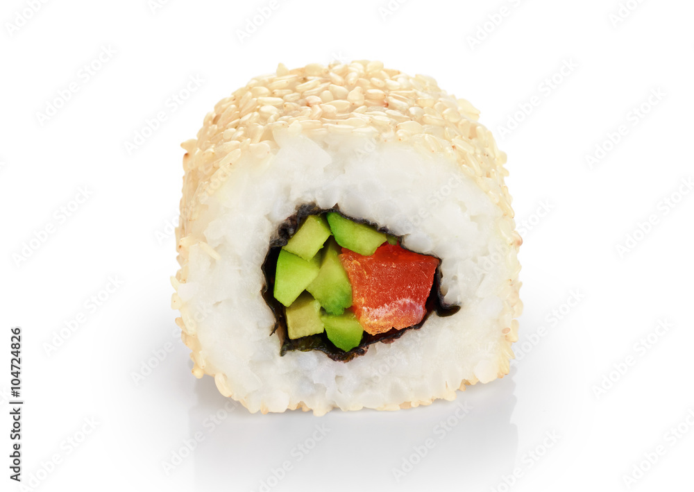 Sushi rolls with avocado, salmon and sesame seeds. Sushi rolls with avocado, salmon and sesame seeds.